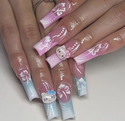 Hello Kitty Hibiscus Nails, Tropical Hello Kitty Nails, Hawaii Hello Kitty Nails, Hawaiian Hello Kitty Nails, Sza Inspo Nails, 90 Nails The 90s Art Designs, Hello Kitty Acrylic Nails, Hello Kitty Nail, Kitty Nail