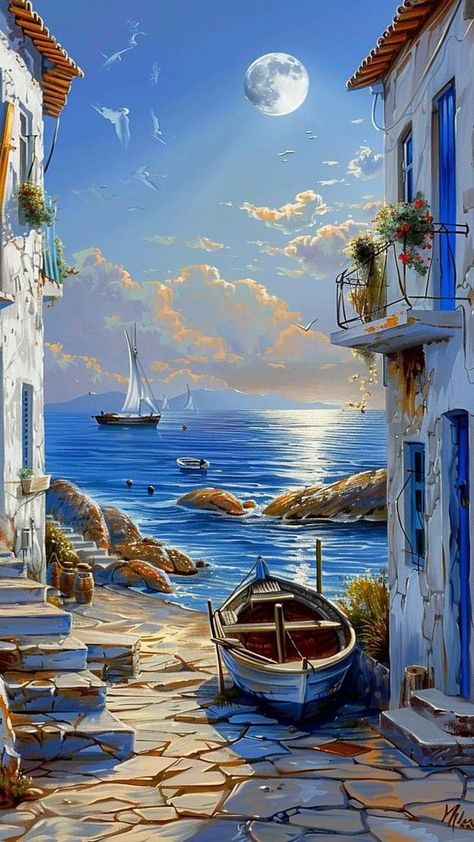 Mediterranean Paintings, Greek Village, Greek Beach, Beach Art Painting, Sea Landscape, Landscape Quilts, Boat Art, Boat Painting, Beautiful Illustration