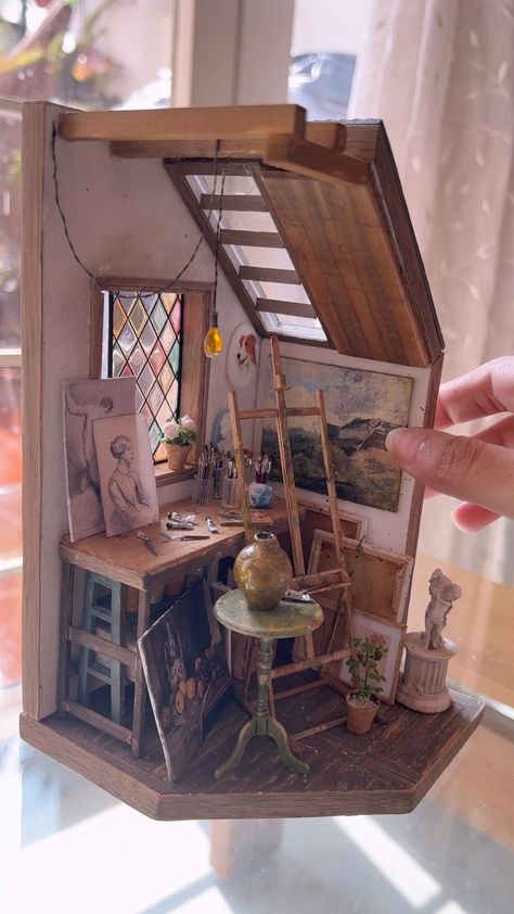 Esha Bijutkar | Miniature Art | Can’t believe it’s been a year since I made this model (The Atelier Window)!! It’s still on exhibit at the @smallisbeautifulart in New York… | Instagram Miniature Room In Wall, Art For Exhibition, Making Miniature Houses, Miniature Model Dioramas, Diy Miniature Room, Miniatures 1:12, Diy Mini House Model, Watching Youtube Aesthetic, Miniature Rooms Diy