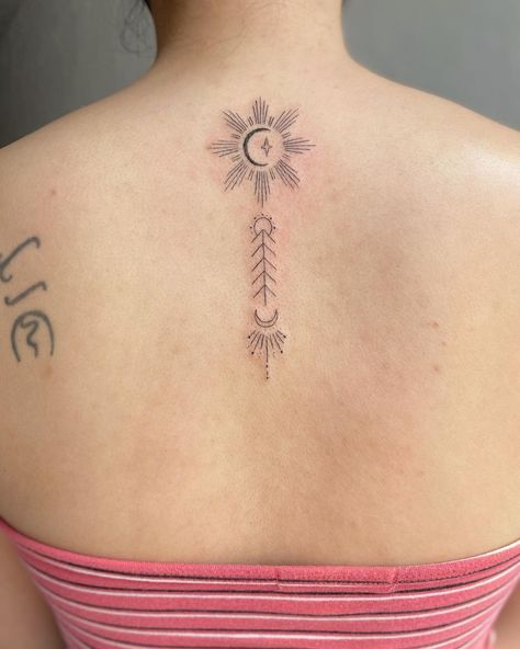 Filipino Tattoo Artist - Culturally Inspired Tattoos on Instagram: “2 pieces from my repeatable flash, put together & customized to make it unique. 🥰 Thanks T! Done during my guest spot at @howdy.la.…” Intuitive Tattoo, Traditional Sun Tattoo, Traditional Filipino Tattoo, Rising Sun Tattoos, Filipino Tattoo, Filipino Sun, Back Tattoo Women Spine, Sternum Tattoo Design, Pin Up Girl Tattoo