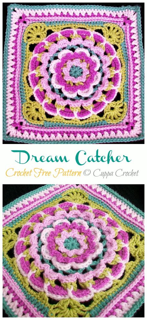 Dream Catcher Square Block Crochet Free Pattern - Crochet & Knitting Square Dream Catcher, Crocheted Squares, Block Crochet, Knitted Owl, Karen Smith, Yarn Ideas, Granny Square Afghan, Crochet Blocks, Afghan Pattern