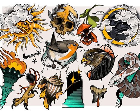 Neo Traditional Sleeve Design, Neo Traditional Bird Tattoo Design, Neotraditional Flash Sheet, Neo Trad Flash Sheet, Neo Traditional Flash Tattoo, Neo Traditional Flash Sheet, Neotraditional Tattoo Flash Sheet, Neo Trad Flash, Neotrad Flash