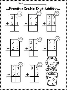 Double Digit Addition Worksheets, Addition Worksheets First Grade, Double Digit Addition, Math Addition Worksheets, 2nd Grade Math Worksheets, 1st Grade Math Worksheets, Spring Printables, Addition Worksheets, Kids Math Worksheets