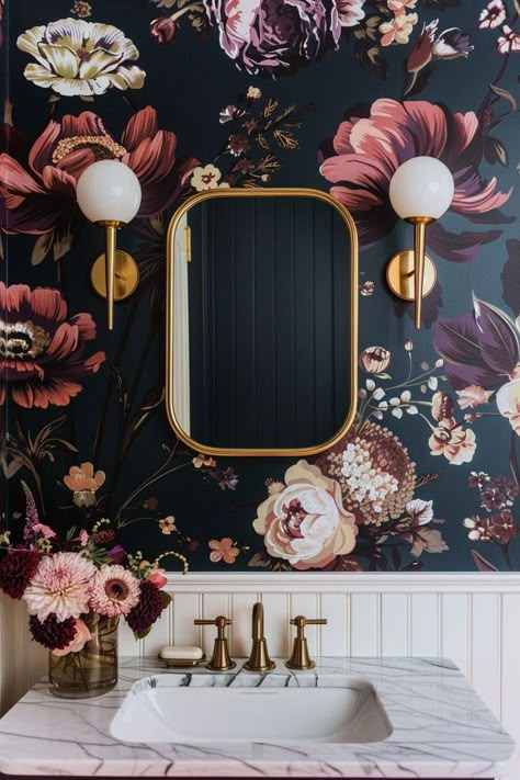 Blue Wallpaper Bathroom, Wallpaper Half Bath, Gold Wallpaper Bathroom, Floral Bathroom Wallpaper, Half Bath Wallpaper, Statement Bathroom, Hollywood Glam Decor, Beautiful Powder Rooms, Moody House