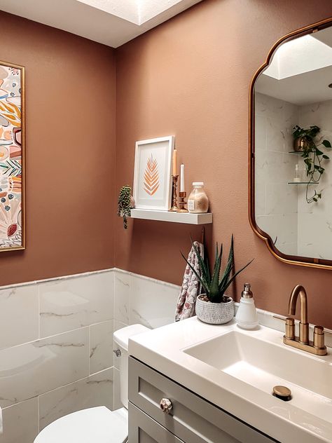 Modern Mocha Behr Paint Bathroom, Clay Color Bathroom Ideas, Rust And White Bathroom, Terracotta Panelling Bathroom, Blush And Brown Bathroom, Spa Half Bath, Terracotta Wallpaper Bathroom, Peachy Brown Paint Color, Brown Walls Bathroom Ideas