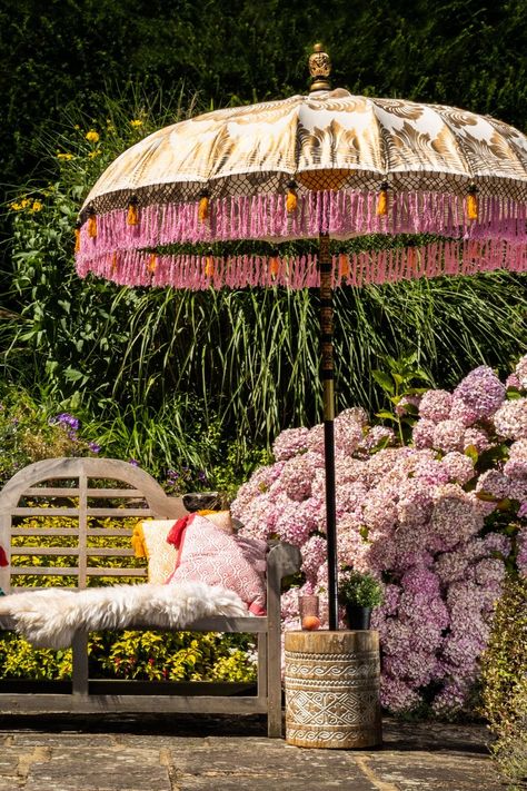 Conservatory Ideas Interior, Painted Parasol, Garden Parasols, Garden Umbrella, Parasol Base, Lotus Design, Tangerine Orange, Soft Beige, Garden Cottage