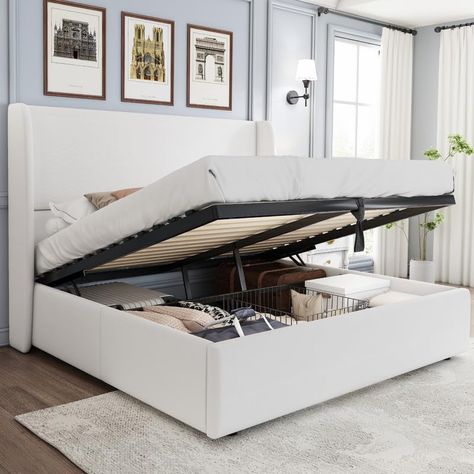 Lift Up Storage Bed, Bed Frame Modern, Lift Storage Bed, Storage Bed Queen, Mattress Storage, Wingback Bed, King Platform Bed, White Headboard, King Size Bed Frame