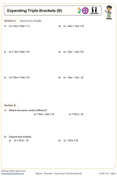 Discover our comprehensive Expanding Triple Brackets worksheet designed to familiarize students with the concept of expanding triple brackets. This exercise helps students form expressions in the format ax³ + bx² + cx + d, enhancing their algebraic skills and understanding. Through this educational resource, students will gain proficiency in handling equations where 'a' is greater than 1, leading them towards a deeper grasp of mathematical concepts and problem-solving strategies. Year 9 Maths Worksheets, Ks3 Maths Worksheets, Year 8 Maths Worksheets, Ks1 Maths Worksheets, Year 5 Maths Worksheets, Year 6 Maths Worksheets, Year 4 Maths Worksheets, Year 7 Maths Worksheets, Year 3 Maths Worksheets