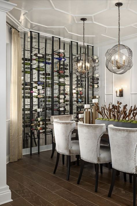 Posh Dining Room, Dining Room Wine Storage, Wine Wall Dining Room, Dining Room Wine Wall, Wine Storage Wall, Wine Room Design, Fine Dining Room, Wine Rooms, Bar Stuff