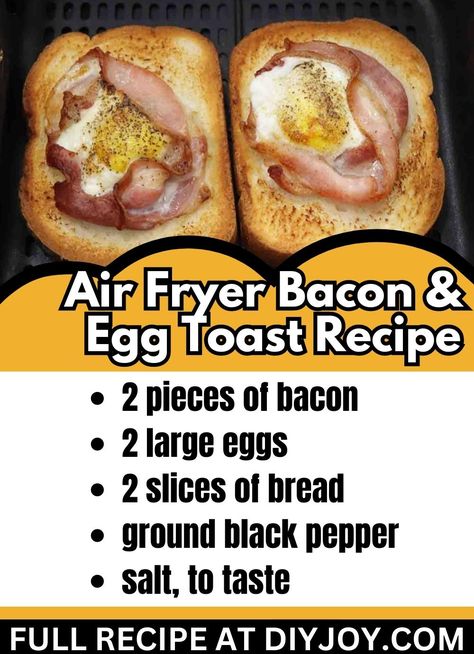 Looking for something simple for breakfast? This air fryer bacon and egg toast come together in just a few minutes! Cheese And Egg Toast In Air Fryer, Air Fryer Egg Toast, Air Fry Bacon, Air Fryer Bacon, Melba Toast, Cheesy Eggs, Cooks Air Fryer, Air Fryer Recipe, Bacon Egg And Cheese