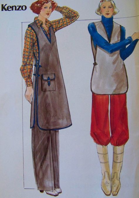 Yes! Butterick pattern 4970, dated 1976. Designed by French Designer Kenzo. Tabard tunic in two lengths and full legged pants with back zipper and waistband. Tabard Pattern, Tabard Apron, Kenzo Design, Apron Inspiration, Apron Patterns, Apron Ideas, Vintage Aprons, Diy Apron, Apron Pattern