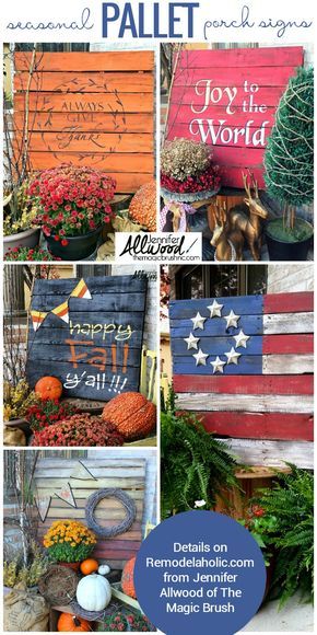 Easy DIY seasonal painted pallet porch signs | Make a big impact in your porch decor without spending a lot of time or money. Pallet Porch, Diy Pallet Decoration, Painted Pallet, Pallet Projects Easy, Wooden Pallet Projects, Pallet Creations, Pallet Decor, Recycled Pallets, Pallet Crafts