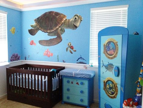 finding memo themed baby room Turtle Mural, Finding Nemo Nursery, Nemo Nursery, Sea Nursery Theme, Sea Gender, Baby Boy Room Colors, Finding Nemo Baby, Disney Themed Nursery, Nursery Ideas Boy