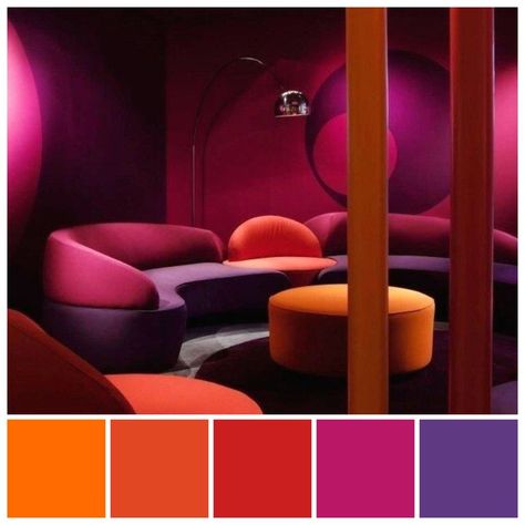 Colours To Pair With Purple, Orange Pink Purple Color Schemes, Purple Orange Color Scheme, Tertiary Colors Interior Design, Purple And Orange Interior Design, Orange And Purple Home Decor, Purple And Orange Interior, Purple And Red Living Room, Tertiary Color Palette