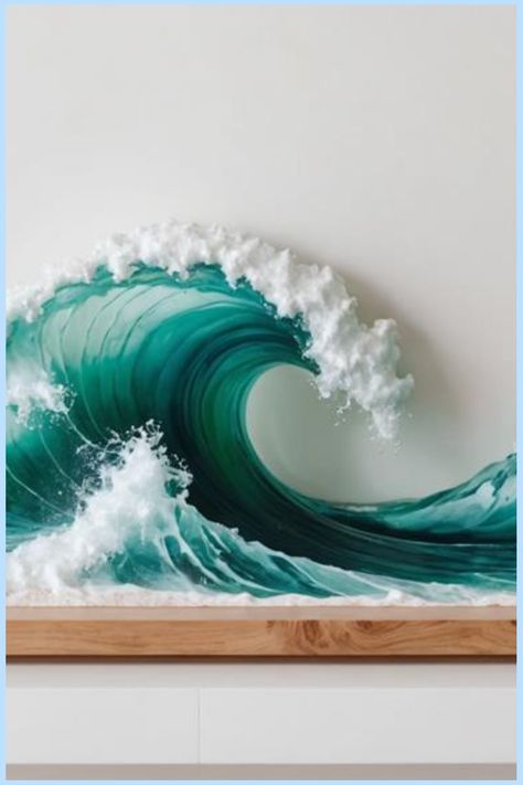 A vibrant, detailed painting of a large ocean wave with foamy crest, displayed on a shelf. 3d Wave Art, Resin Layering, Canvas Resin Art, Ocean Sculpture, 3d Beach Art, Ocean Wave Art, Resin Waves, Ocean Wave Wall Art, Class Art Projects