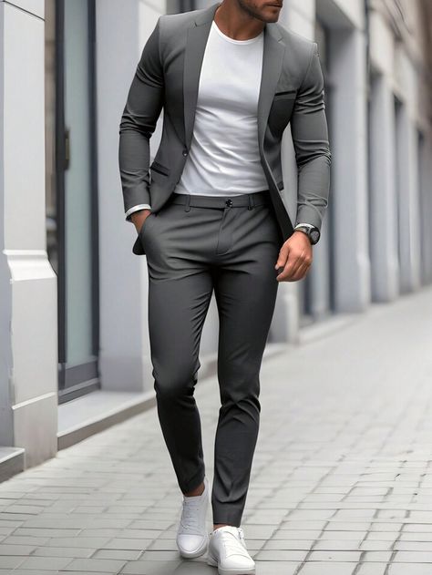 Manfinity Mode Men Single Button Blazer & Suit Pants Set | SHEIN USA Mens Suits Combinations, Male Suit, Fall Photo Shoot Outfits, Grey Suit Men, Suits Men Business, Mens Casual Outfits Summer, Groom Tuxedo, Best Dressed Man, Dress Suits For Men