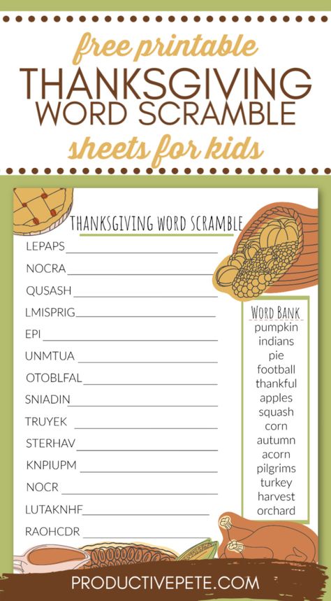 Thanksgiving Word Scramble, Word Scramble For Kids, Thanksgiving Activity Sheets, Fun Thanksgiving Games, Free Printable Thanksgiving, Thanksgiving Kids Table, Thanksgiving Games For Kids, Thanksgiving Worksheets, Thanksgiving School