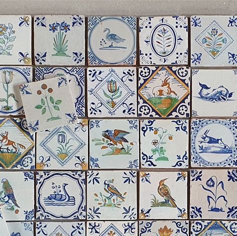 Regts - Delft Tiles on Instagram: "This amazing selection of 59 (!) antique Delft tiles has found a new home. The tiles were all on our website in the 'collectibles' section and were carefully selected by our client. All of them date from the 17th century and most of them are polychrome, which is characteristic for the Delft tile production during the first half of the 'Dutch Golden Age'. The tiles depict animals and flowers, but they are of many different types and with many different corner mo Animals And Flowers, Tea Station, Dutch Tiles, Delft Tiles, Dutch Golden Age, College Board, Antique Tiles, Journal Inspo, Handmade Tiles