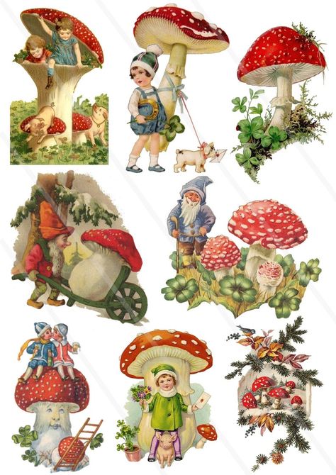 Retro Christmas Printables, Christmas Mushrooms, Peter Pan Images, Decoupage Ornaments, Paper Theater, Happy Winter Solstice, Red Mushrooms, Vintage Christmas Photos, Christmas Clip Art