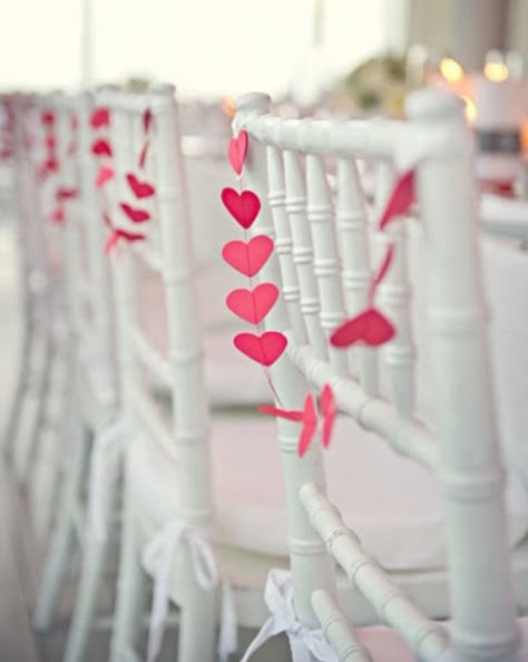 40 Heart Shape Ideas for a Valentines Day Wedding | Chair Garland by The Path Less Traveled (Image: Carla Ten Eyck) Valentines Day Wedding Ceremony Decor, Heart Theme Wedding, Valentine Theme Wedding, Valentines Day Wedding Ideas Receptions, Lovecore Wedding, Wedding Heart Decorations, Valentines Elopement, Valentine’s Day Wedding, Valentines Wedding Theme