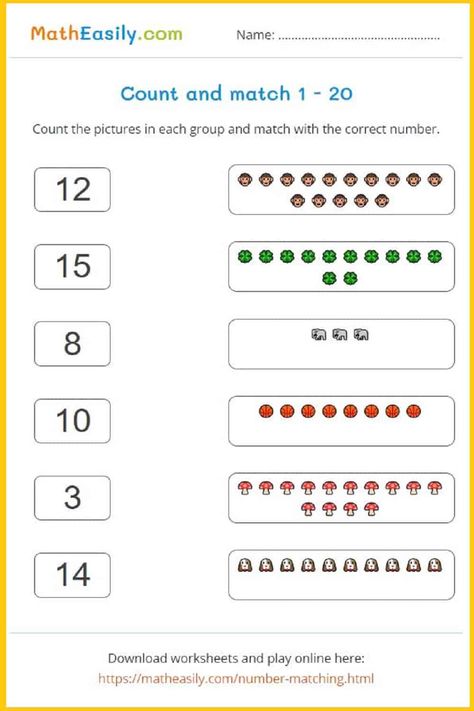 Free printable number matching 1-20 workshets in PDF Count And Match Worksheets 1-20, Counting To 120, Kindergarten Math Free, Counting To 20, Kindergarten Math Worksheets Free, Free Printable Numbers, Matching Worksheets, Counting Worksheets, Social Studies Worksheets