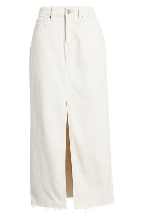 Long White Denim Skirt, Long White Skirts, Wonyoung Closet, White Skirt Denim, Straight Maxi Skirt, White Jean Skirt, Pant Skirt, Midi Denim Skirt, Dressy Hats