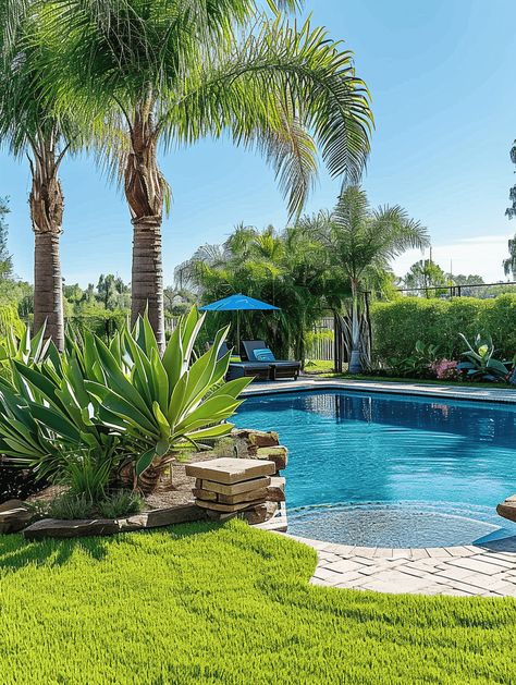 35 Palm Tree Garden Ideas Palm Tree Garden Ideas, Tree Garden Ideas, Palm Tree Garden, Palm Trees Garden, Grass Backyard, Lush Backyard, Palm Trees Landscaping, Grass Backdrops, Trees Garden