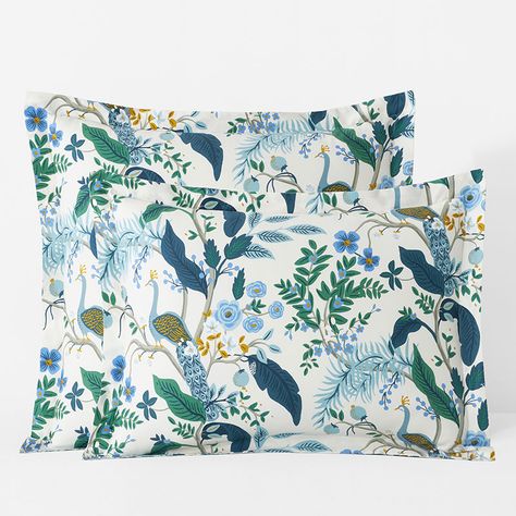 Rifle Paper Co. Peacock Sateen Sham | The Company Store Sateen Bedding, Top Of Bed, Decorative Lumbar Pillows, The Company Store, Bird Perch, Beautiful Drapes, Square Pillow Cover, Lumbar Pillow Cover, Aqua Green