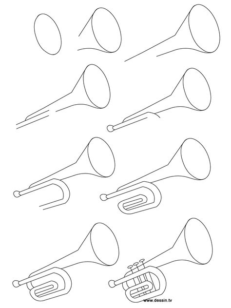 drawing trumpet How To Draw A Trumpet, Trumpet Art, Arte Jazz, Music Drawings, Easy Drawings For Kids, Art Worksheets, Drawing Practice, Drawing Lessons, Step By Step Drawing