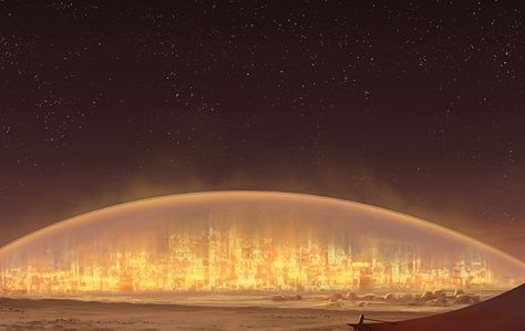 Domed city at night by Lorenz Hideyoshi Ruwwe Domed City Concept Art, Sci Fi City Concept Art, Domed City, Desert Stars, Colonization Of Mars, Dome City, Future Technology Concept, City Of Gold, Mars Exploration