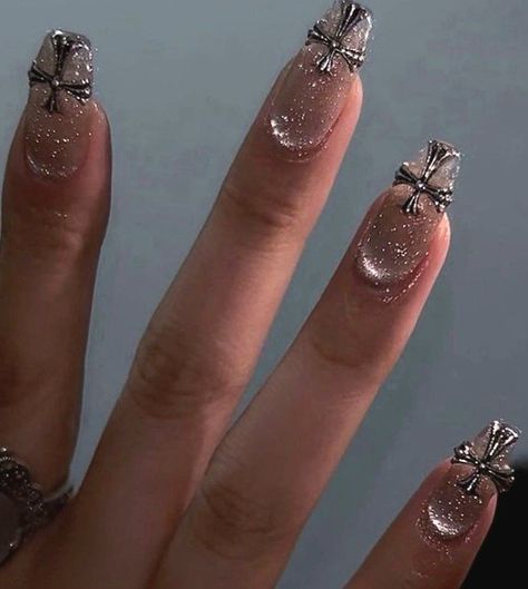 Chrome Butterfly Nails, Chrome Butterfly, Corset Nails, Nails Japanese, Y2k Glitter, Cross Nails, Nails Gel Nails, Art Deco Nails, Butterfly Nails