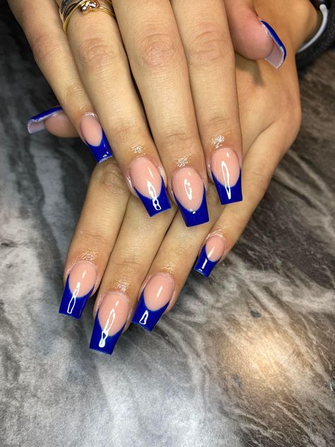 Blue With Black French Tip Nails, Nails With Cobalt Blue Dress, Royal Blue French Tip Nails Sparkle, Acrylic Nails To Match Royal Blue Dress, Royal Blue And Grey Nails, Dark Blue And White French Tip Nails, Royal Blue Birthday Nails Short, Blue And Silver Nail Designs French Tips, Dark Blue Nails Medium Length