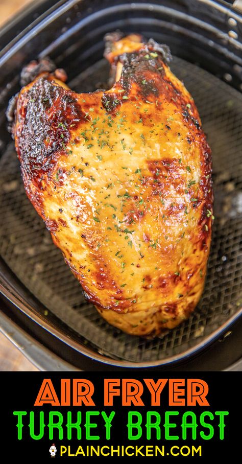 Air Fryer Turkey Breast - hands down the best turkey I've ever eaten. SO tender and juicy. Cooks in under an hour! Bone-in turkey breast marinated in Italian dressing and Worcestershire sauce and cooked in the air fryer. Perfect for the holidays or any day of the week. The turkey meat is great for your holiday meal, casseroles, soups, and sandwiches. A must if you have an air fryer! #airfryer #thanksgiving #turkey #turkeybreast #christmas Air Fried Turkey Breast, Air Fryer Turkey Breast Bone In, Turkey Breast Air Fryer Recipe, How To Cook A Turkey Breast, Airfryer Turkey Breast, Air Fry Turkey Breast, Turkey Air Fryer Recipes, Turkey Breast Air Fryer, Turkey Breast In Air Fryer