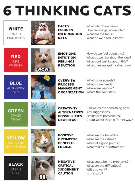 6 Thinking Cats! remix of the 6 thinking hats by Edward de Bono 6 Thinking Hats, Six Thinking Hats, Visible Thinking, Social Innovation, Blooms Taxonomy, Systems Thinking, 21st Century Learning, Higher Order Thinking, Speaking Activities