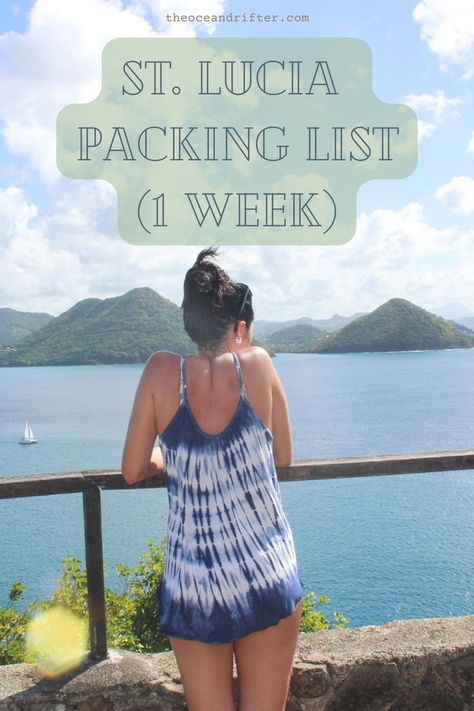 Taking in the views in St. Lucia on a beautiful sunny day. Text over the photo reads "St. Lucia Packing List (1 week)". St Lucia Packing List All Inclusive, What To Pack For St Lucia, St Lucia Packing List, St Lucia Vacation Outfits, St Lucia Honeymoon Outfits, St Lucia Outfits, Saint Lucia Outfits, St Lucia Outfit Ideas, Island Packing List