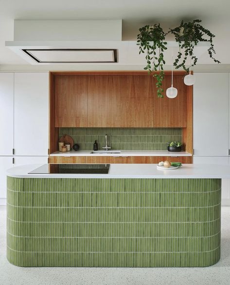 Kitchen Terrazzo Floor, Veneered Cabinets, Tile Kitchen Island, Green Floor Tiles, Green Modern Kitchen, Tiny Window, Staircase Outdoor, Vinyl Flooring Kitchen, Above The Sink