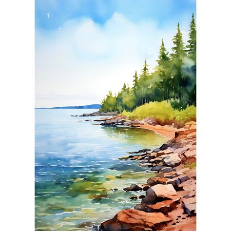 Lake Superior Painting Watercolor Art Print Forest Lake Poster Rock Shoreline Wall Art Michigan Landscape Art Great Lakes Travel Gift - Etsy Denmark Lake Watercolor Painting Easy, Lake Superior Watercolor, Watercolor Lake Scene, Michigan Landscape, Poster Rock, Coastal Watercolor, Forest Poster, Lake Painting, Lake Trip