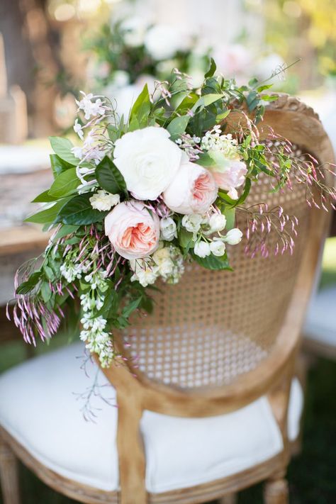 Floral arrangement on bride's chair Rustic Wedding Decorations, Tafel Decor, Wedding Chair Decorations, Romantic Summer, Waterfront Wedding, Deco Floral, Chair Decorations, Wedding Chairs, Diy Wedding Decorations