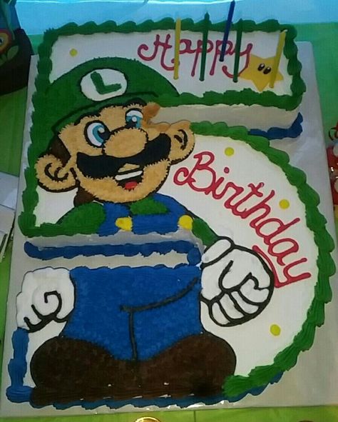 Mario Face Cake, Luigi Cake Ideas, Luigi Cake Birthdays, Number 5 Cake, Luigi Cake, Mansion Party, Mario Birthday Cake, Godzilla Birthday, Buttercream Birthday Cake