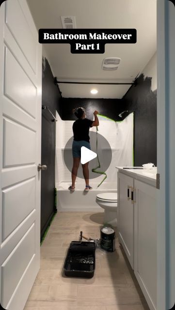 Ruchika Khatri on Instagram: "Are you excited for part 2?😍
.
.
.
#bathroomrenovation #bathroomdesign #bathroomremodel #bathroomdiy #diyprojects #homeimprovement #bathroomdesign #bathroominspiration #blackbathroom #sw #triconblack #bathroomgoals #interiordesign #bathroominterior #homemakeover #diyhomedecor #interiordesign #interiordecorating #usa" Black Gray Bathroom Ideas, Black Wall In Bathroom Ideas, Black Wood Bathroom Ideas, Small Masculine Bathroom Ideas, Bathroom Shower Wall Ideas, Masculine Shower Ideas, Moody Basement Bathroom, Black And Beige Bathroom Ideas, Modern Basement Bathroom Ideas