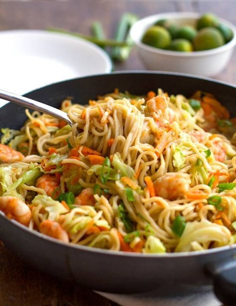 These addicting stir fried noodles are also known as Filipino Pancit Canton. With shrimp, vegetables, and deliciously simple flavors. #stirfry #noodles #yum #dinner #recipe | pinchofyum.com Pancit Canton Recipe, Filipino Pancit, Stir Fried Noodles, Noodles With Shrimp, Pancit Canton, Filipino Dish, Shrimp And Vegetables, Fried Noodles, Stir Fry Noodles