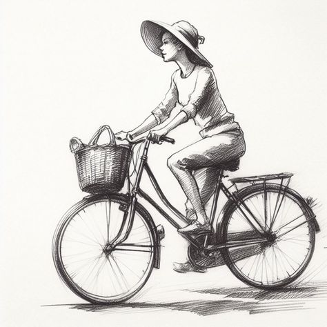 Bicycle Women Vintage, Riding Bicycle Drawing, Riding A Bike Drawing, Drawing Bicycle, Dairy Art, Bicycle Sketch, Ride Drawing, Prop Background, Bicycle Drawing