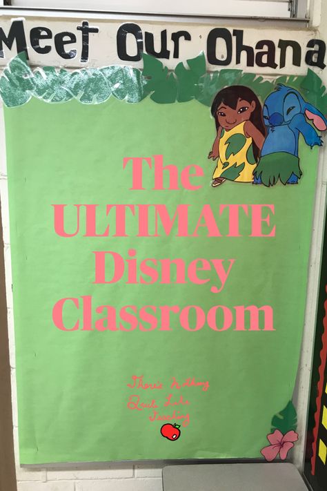 Created a "Meet Our Ohana" bulletin board. Students' autobiographies will be posted so we can learn about each other, and visitors can learn about them as well! Ohana Bulletin Board Ideas, Ohana Classroom Theme, Lilo And Stitch Classroom Decorations, Lilo And Stitch Bulletin Board, Stitch Classroom Theme, Lilo And Stitch Classroom Theme, Elementary Classroom Decor Themes, Disney Bulletin Boards, Disney Themed Classroom