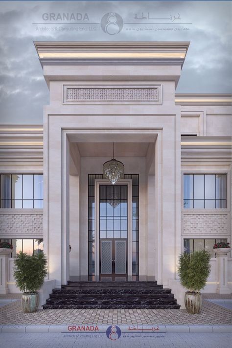 DESIGN ENTRANCE UAE NEOCLASSIC Exterior Villa Design Classic, Classical Villa Design, Neoclassical Facade Design, Classical Door Design Entrance, Neoclassical Exterior Design, Luxury Elevation Design, New Classic Entrance, Neo Classic Entrance, Villa Entrance Design Exterior