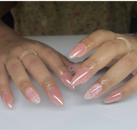 Pink Pearlescent Acrylic Nails, Jelly Nail Extensions, Pink Clear Acrylic Nails, Pink Pearl Nails, Translucent Pink Nails, Pink Jelly Nails, Almond Acrylic Nails Designs, Kylie Nails, Summer Nails 2022