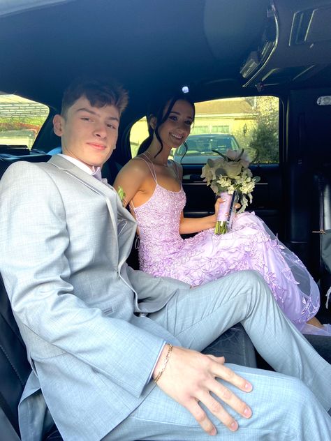 Gray Suit Prom, Prom Couples Outfits Matching, Purple Graduation Dress, Grey Suit Prom, Purple Prom Couple, Prom Couples Outfits, Fairytale Prom Dress, Prom Dress Purple, Purple Graduation