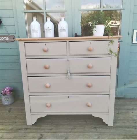 Frenchic Dresser Painted in Salt of The Earth Frenchic Paint Furniture, French Chic Paint, Frenchic Paint Colours, Pine Furniture Makeover, Neutral Bedroom Paint, Living Room Drawers, Chest Of Drawers Makeover, Emily May, Pine Chest Of Drawers