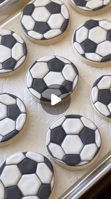 Lady B’s Bake Shoppe on Instagram: "Piping fine lines for the finishing touches on these soccer balls. Really earning my soccer mom title this week.   #cookieart #soccer #cookies #customcookies #sugarcookies #cookieartist #cookiedecorating #royalicing" Soccer Ball Cookies Decorated, Soccer Ball Sugar Cookies, Soccer Desserts Ideas, Soccer Sugar Cookies, Soccer Ball Cookies, Soccer Party Food, Soccer Cookies, Sports Cookies, Sugar Cookie Royal Icing