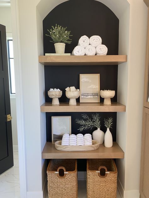 Styled Bathroom Shelves, Master Bath Organization, Bathroom Shelf Styling, Cheap Renovations, Sister Aesthetic, Bedroom Bathroom Ideas, 2024 Bathroom, Bathroom 2024, Our First Apartment