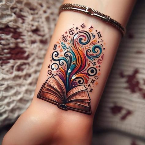 Reading Book Tattoo Ideas, Watering Self Tattoo, Cup Overflowing Tattoo, Book Wrist Tattoo, Butterfly And Book Tattoo, Witches Tattoo Ideas, Color Book Tattoo, Autumn Inspired Tattoos, Spicy Book Tattoos